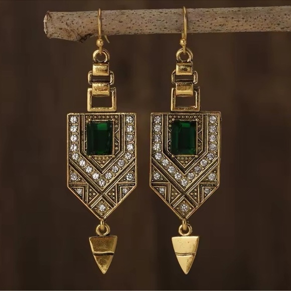 Anthropologie Jewelry - Marquis Ethnic Vintage Emerald Bronze Brushed Earrings